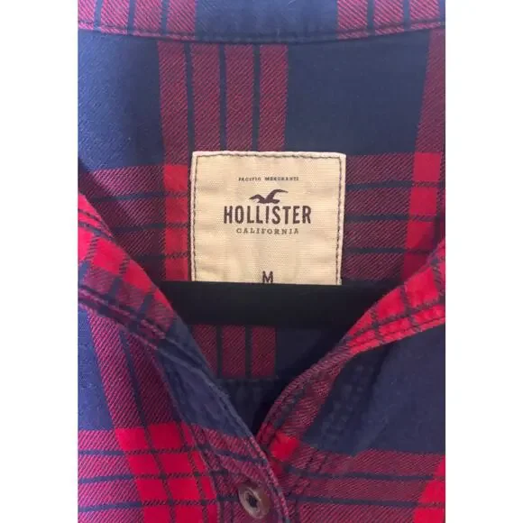 Hollister Womens Red Navy Plaid Flannel Shirt Button Up Long Sleeve Casual M - Picture 5 of 6